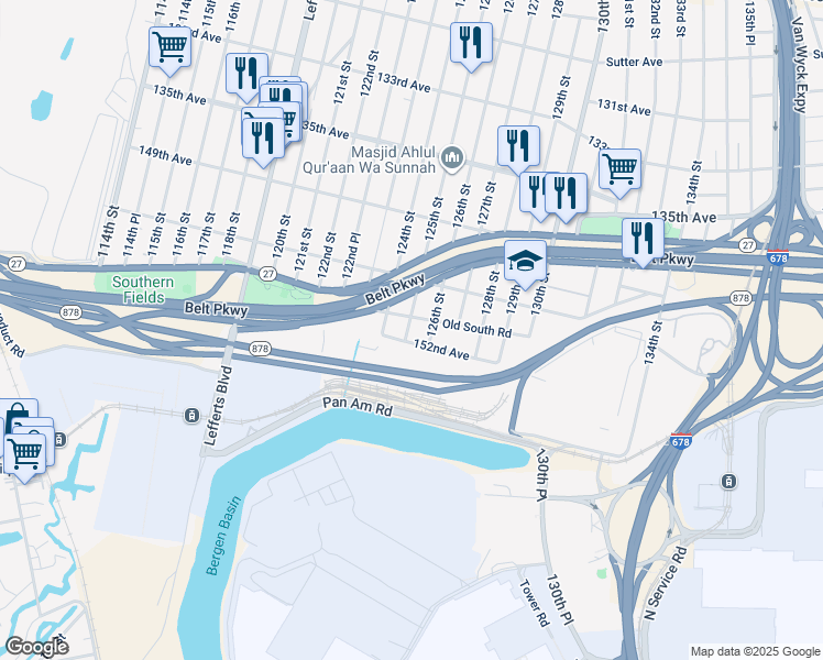 map of restaurants, bars, coffee shops, grocery stores, and more near 124-20 South Conduit Avenue in Queens