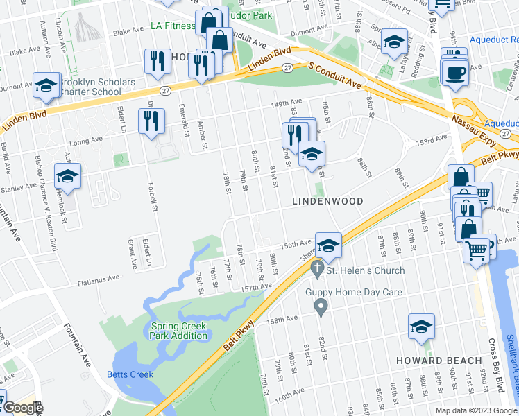 map of restaurants, bars, coffee shops, grocery stores, and more near 79-15 155th Avenue in Queens