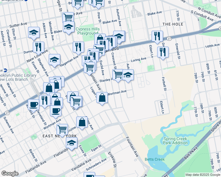 map of restaurants, bars, coffee shops, grocery stores, and more near 1098 Stanley Avenue in Brooklyn