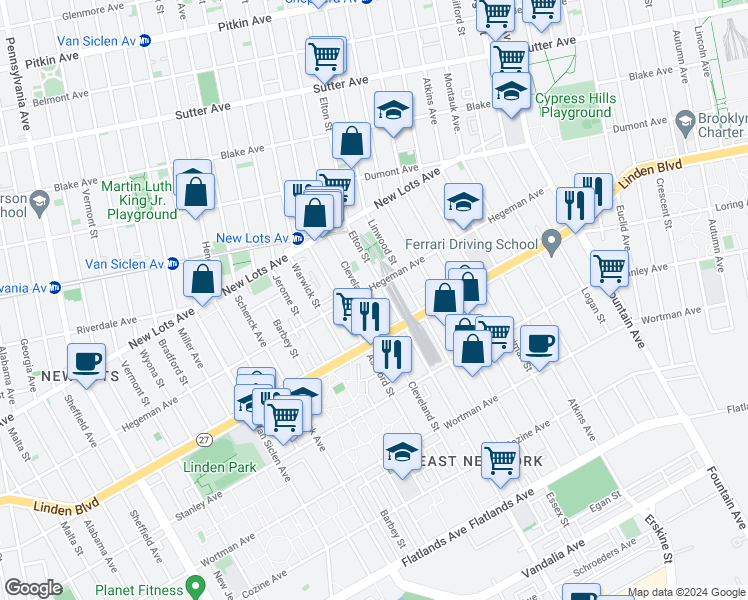 map of restaurants, bars, coffee shops, grocery stores, and more near 805 Cleveland Street in Brooklyn