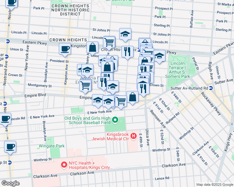 map of restaurants, bars, coffee shops, grocery stores, and more near 694 Crown Street in Brooklyn