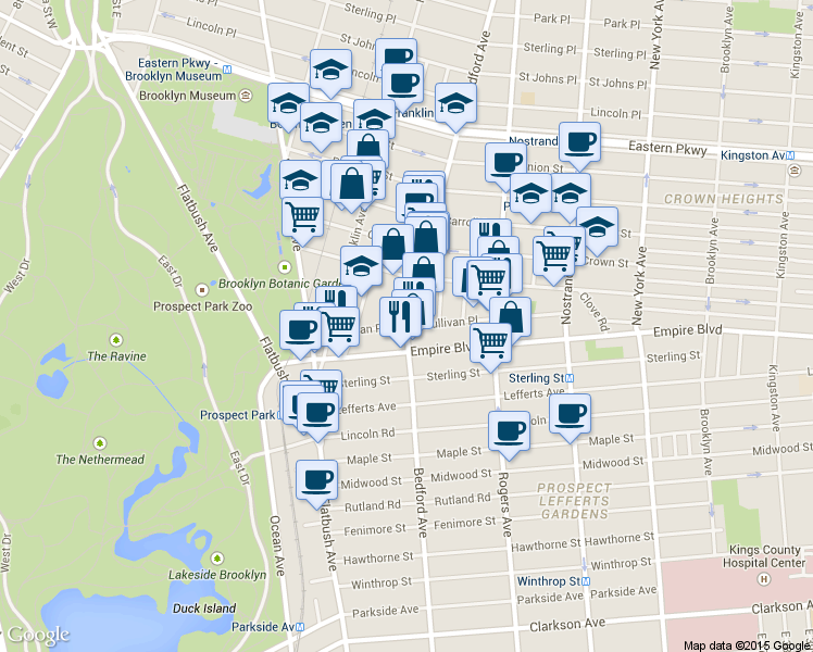 map of restaurants, bars, coffee shops, grocery stores, and more near 1680 Bedford Avenue in Brooklyn