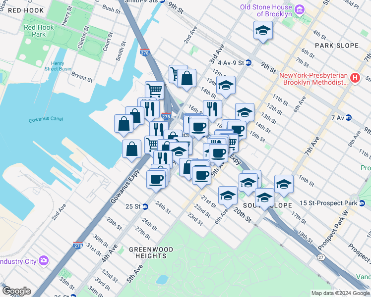 map of restaurants, bars, coffee shops, grocery stores, and more near 145 18th Street in Brooklyn