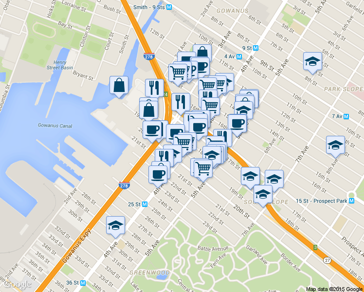 map of restaurants, bars, coffee shops, grocery stores, and more near 145 18th Street in Brooklyn