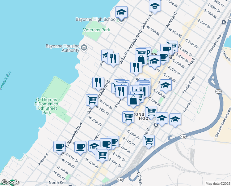 map of restaurants, bars, coffee shops, grocery stores, and more near 86 West 22nd Street in Bayonne