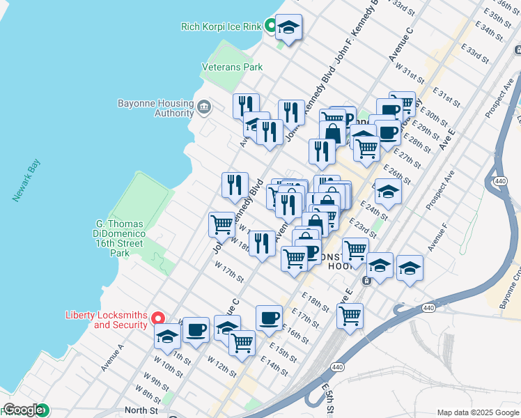map of restaurants, bars, coffee shops, grocery stores, and more near 549 John F. Kennedy Boulevard in Bayonne