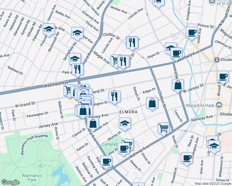 map of restaurants, bars, coffee shops, grocery stores, and more near 345 West Grand Street in Roselle