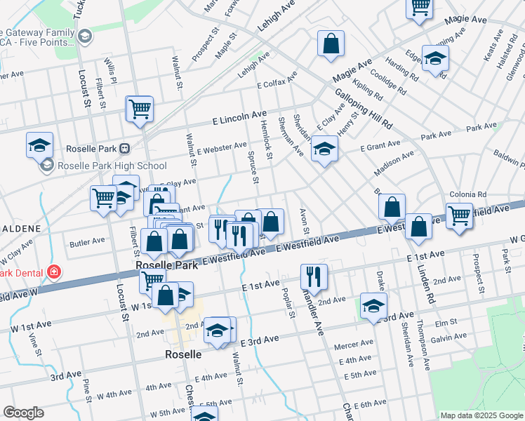 map of restaurants, bars, coffee shops, grocery stores, and more near 220 East Grant Avenue in Roselle Park