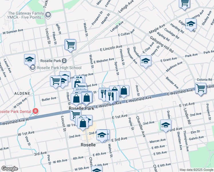 map of restaurants, bars, coffee shops, grocery stores, and more near 133 East Grant Avenue in Roselle Park