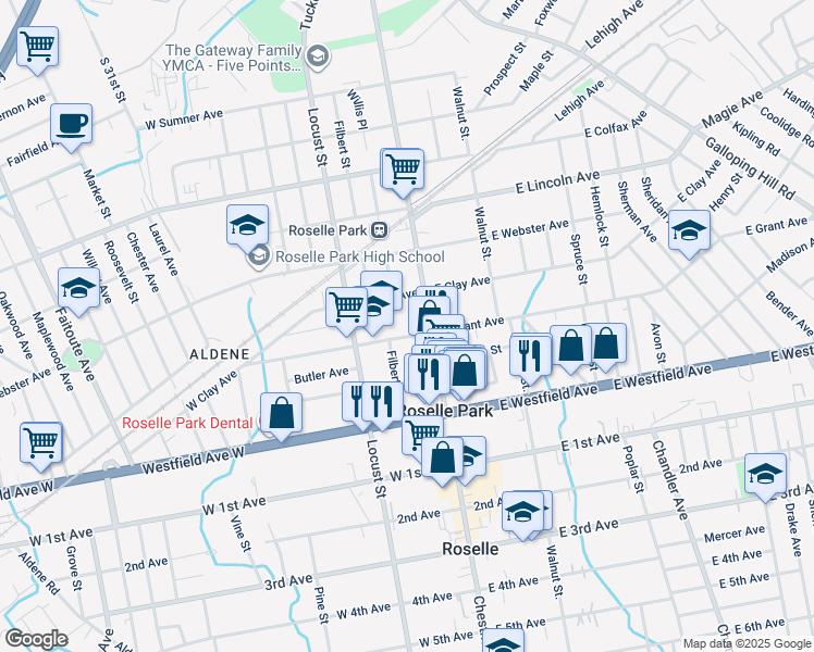 map of restaurants, bars, coffee shops, grocery stores, and more near in Roselle Park