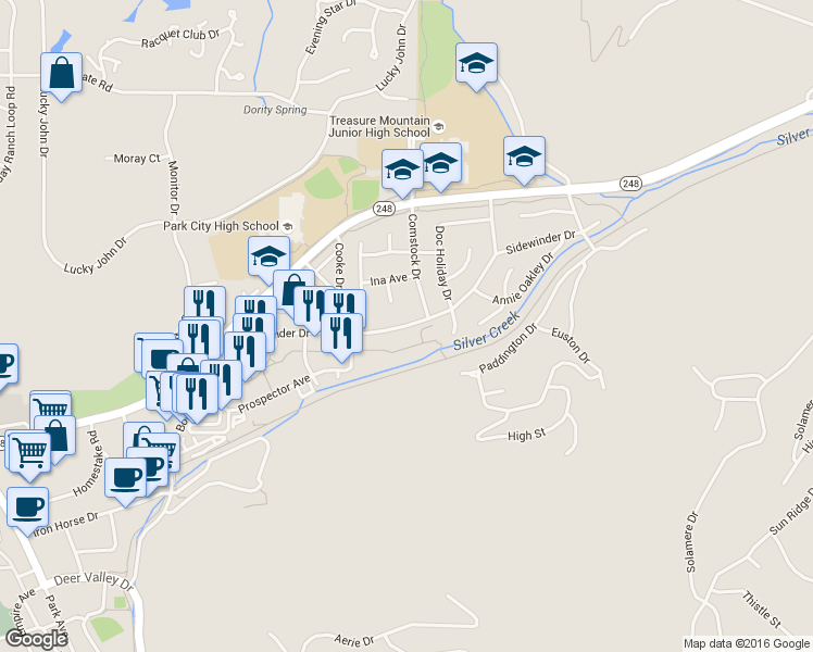 map of restaurants, bars, coffee shops, grocery stores, and more near Sidewinder Drive in Park City