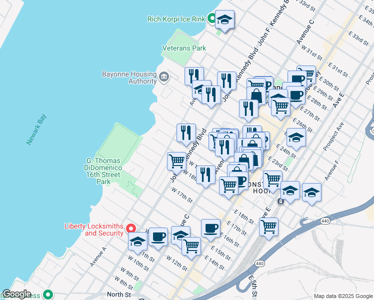 map of restaurants, bars, coffee shops, grocery stores, and more near 133 West 20th Street in Bayonne