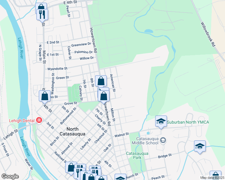 map of restaurants, bars, coffee shops, grocery stores, and more near 1153 American Street in Catasauqua