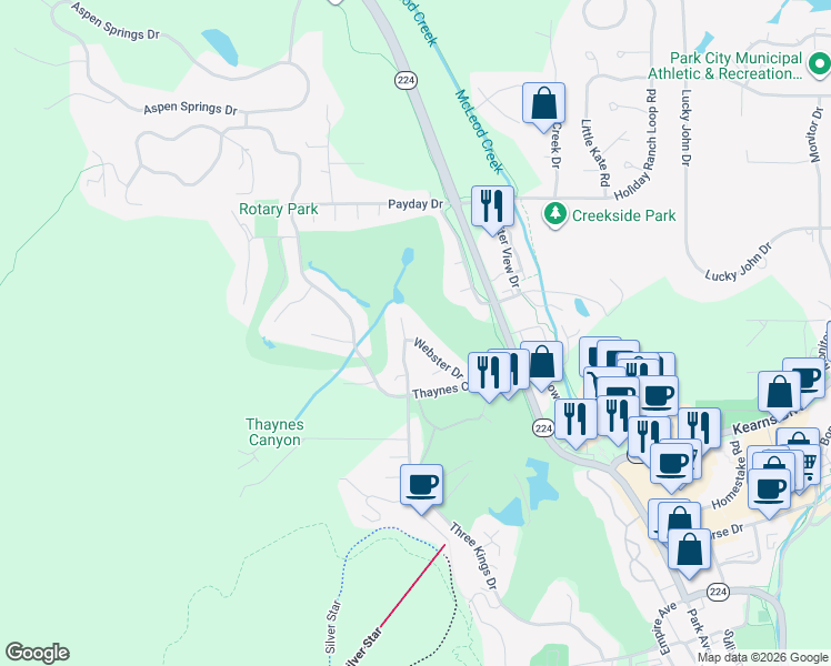 map of restaurants, bars, coffee shops, grocery stores, and more near 2212 Three Kings Court in Park City