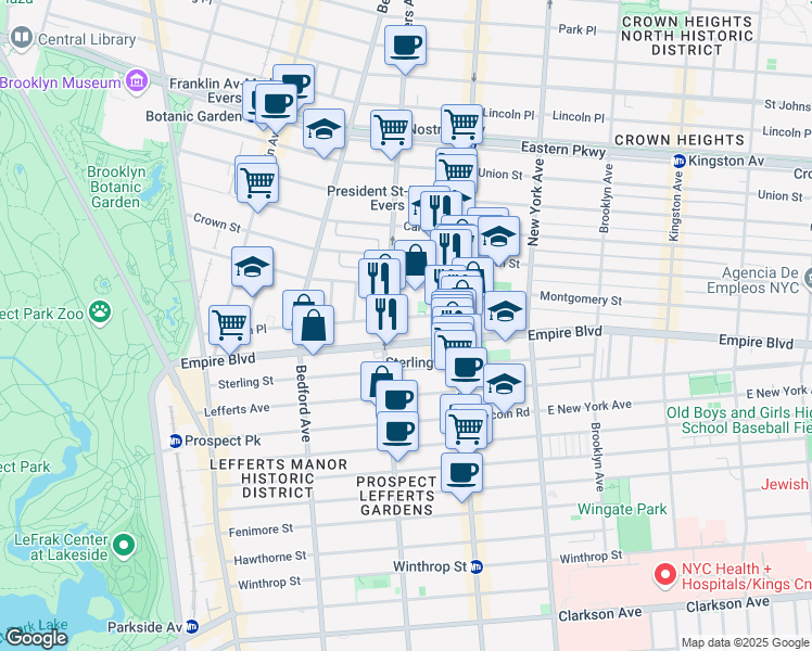 map of restaurants, bars, coffee shops, grocery stores, and more near 240 Sullivan Place in Brooklyn