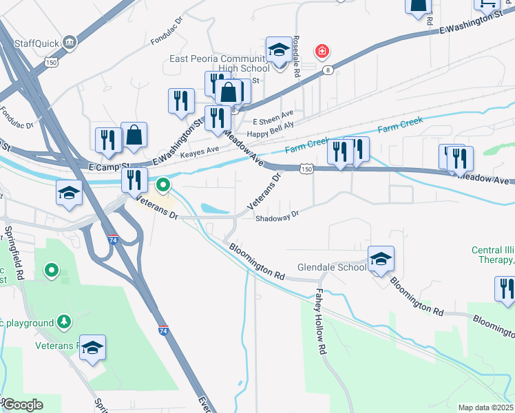 map of restaurants, bars, coffee shops, grocery stores, and more near 507 Veterans Drive in East Peoria