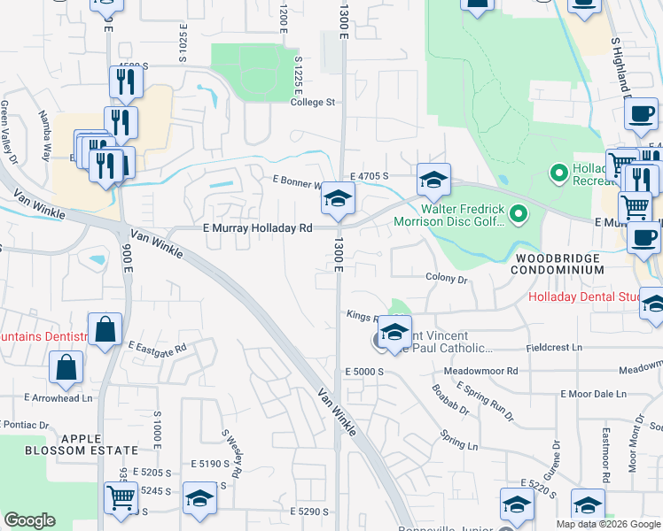 map of restaurants, bars, coffee shops, grocery stores, and more near in Millcreek