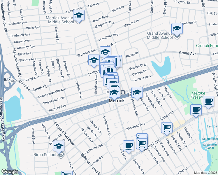 map of restaurants, bars, coffee shops, grocery stores, and more near 2165 Merrick Avenue in Merrick