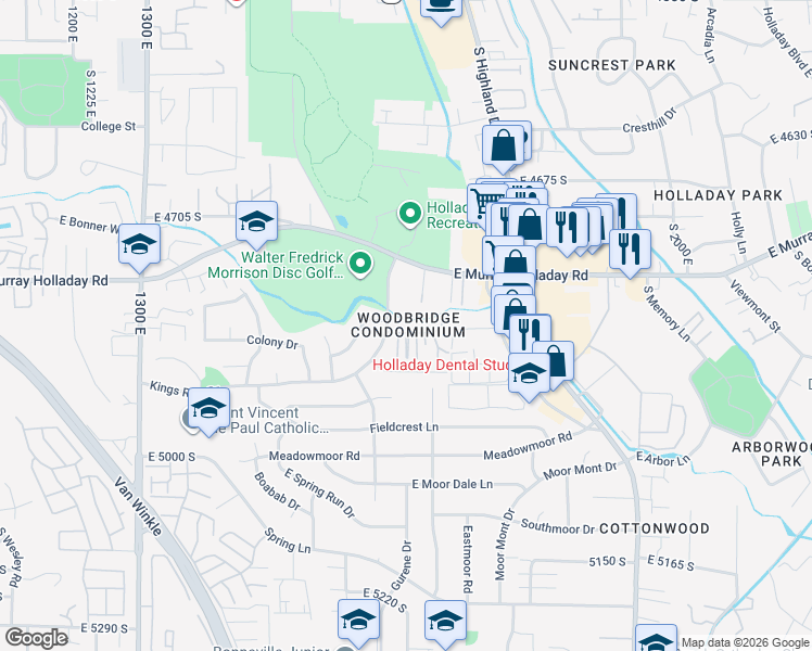 map of restaurants, bars, coffee shops, grocery stores, and more near 1697 Woodbridge Drive in Salt Lake City