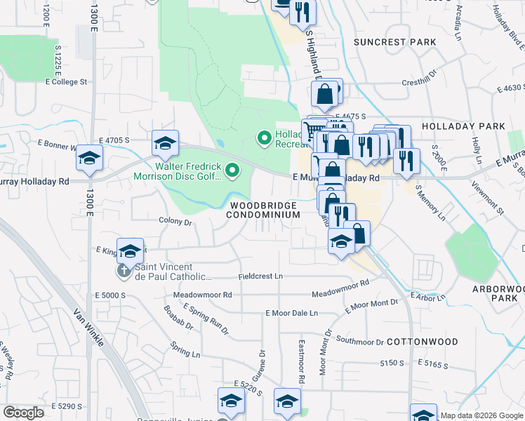 map of restaurants, bars, coffee shops, grocery stores, and more near 1697 Woodbridge Drive in Salt Lake City