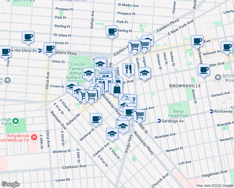 map of restaurants, bars, coffee shops, grocery stores, and more near 111 East 98th Street in Brooklyn
