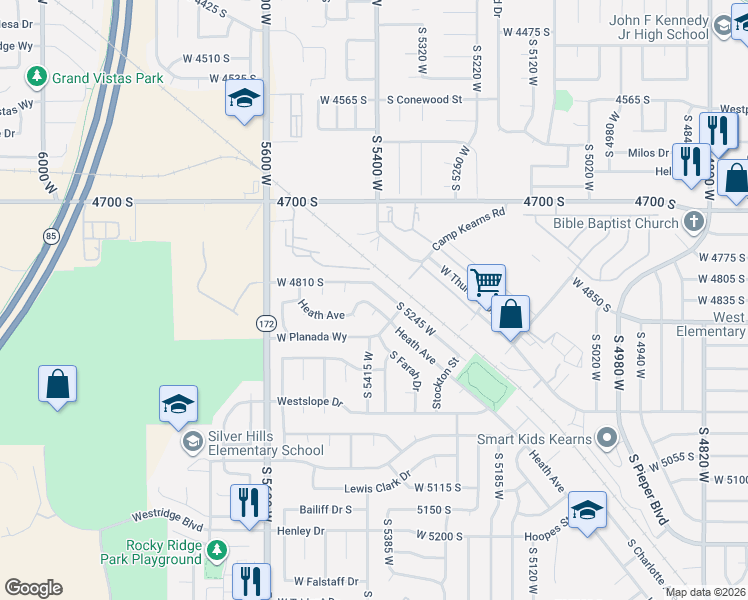 map of restaurants, bars, coffee shops, grocery stores, and more near 4807 Heath Avenue in Kearns