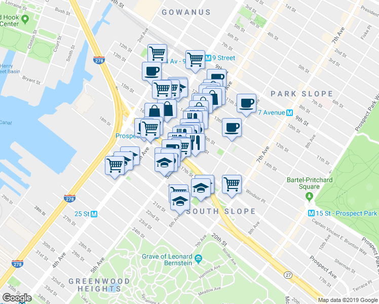 map of restaurants, bars, coffee shops, grocery stores, and more near 593 5th Avenue in Brooklyn