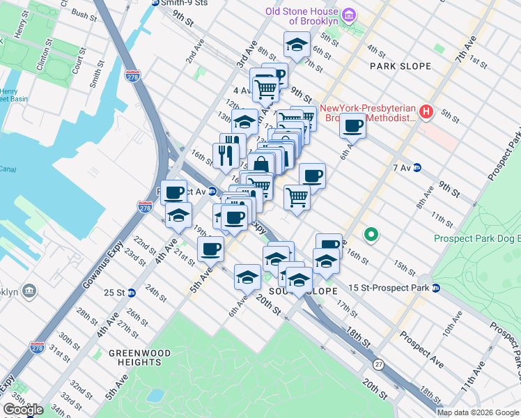 map of restaurants, bars, coffee shops, grocery stores, and more near 593 5th Avenue in Brooklyn