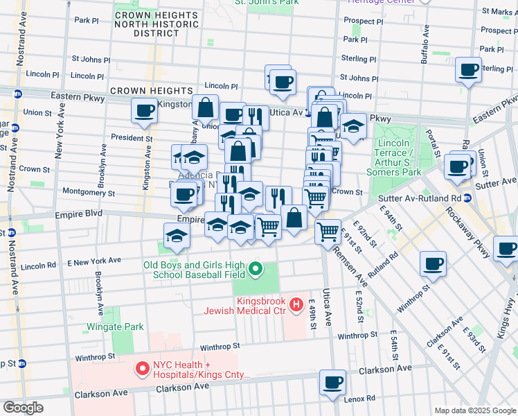 map of restaurants, bars, coffee shops, grocery stores, and more near 874 Montgomery Street in Brooklyn