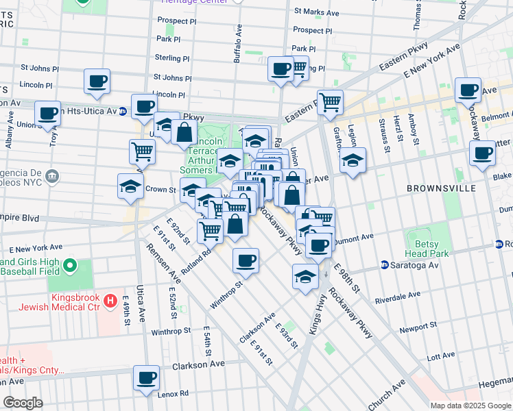 map of restaurants, bars, coffee shops, grocery stores, and more near 48 Rockaway Parkway in Brooklyn