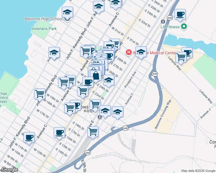 map of restaurants, bars, coffee shops, grocery stores, and more near 41 East 25th Street in Bayonne