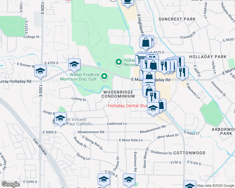 map of restaurants, bars, coffee shops, grocery stores, and more near 1697 Woodbridge Drive in Salt Lake City