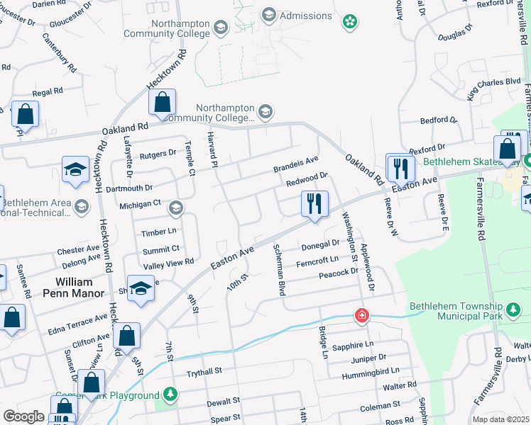 map of restaurants, bars, coffee shops, grocery stores, and more near 3860 Cypress Lane in Bethlehem