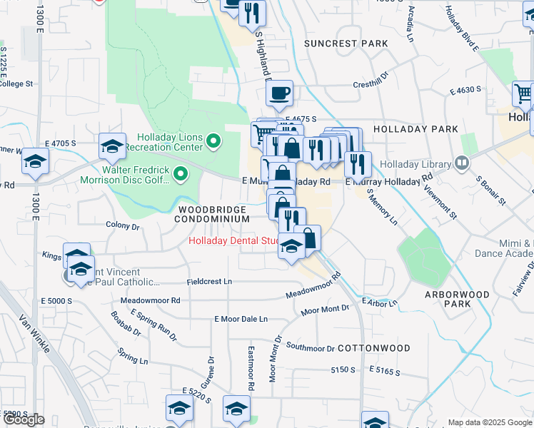 map of restaurants, bars, coffee shops, grocery stores, and more near 1814 E Murray in Holladay