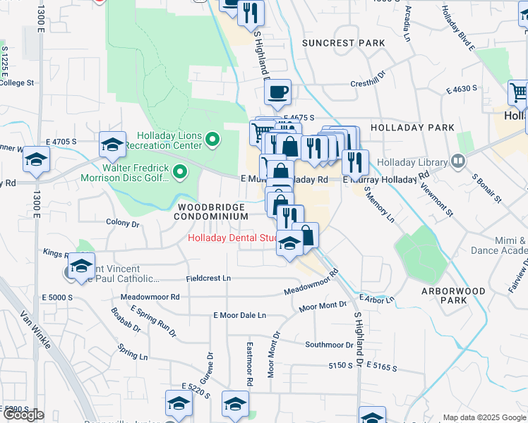 map of restaurants, bars, coffee shops, grocery stores, and more near 1814 E Murray in Holladay