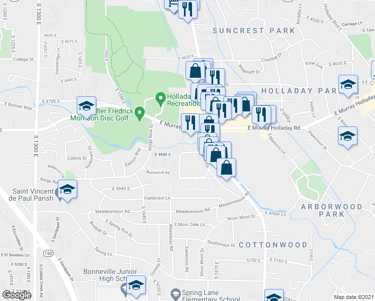 map of restaurants, bars, coffee shops, grocery stores, and more near 1762 East Murray Holladay Road in Holladay