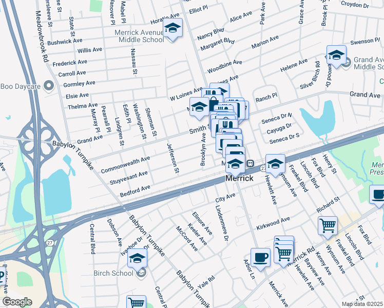 map of restaurants, bars, coffee shops, grocery stores, and more near 1952 Commonwealth Avenue in Merrick