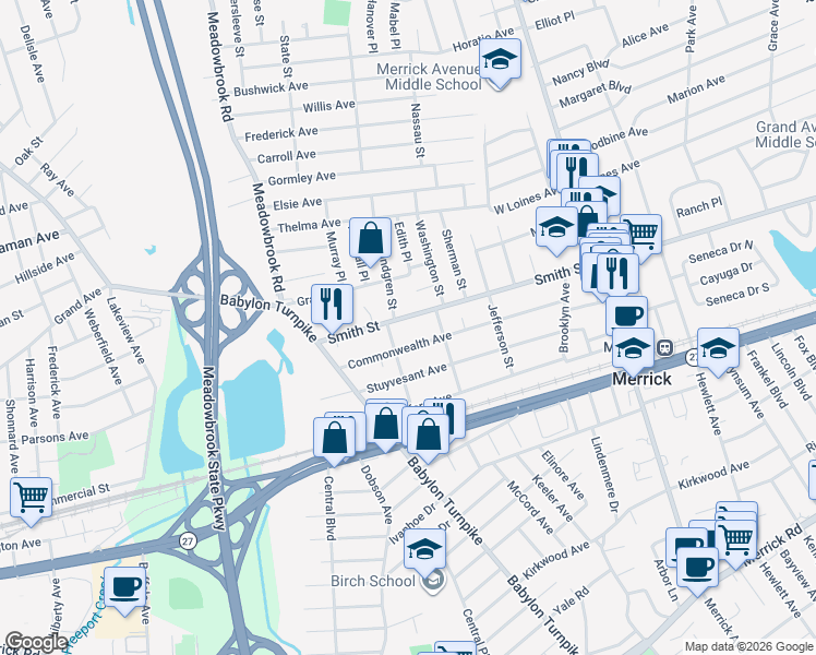 map of restaurants, bars, coffee shops, grocery stores, and more near 152 Smith Street in Merrick