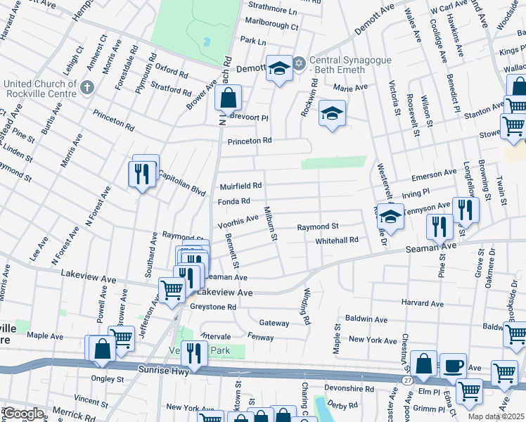 map of restaurants, bars, coffee shops, grocery stores, and more near 109 Milburn Street in Rockville Centre