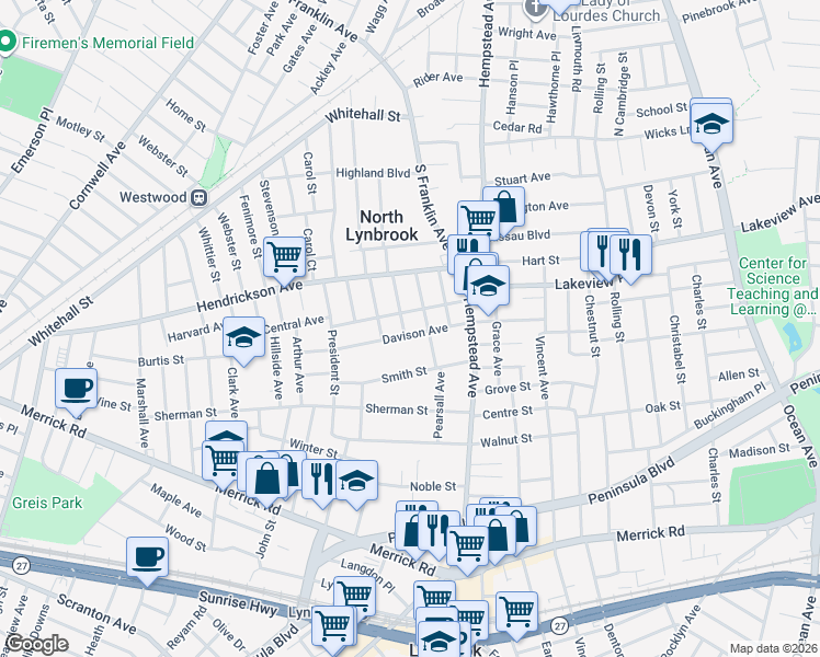 map of restaurants, bars, coffee shops, grocery stores, and more near 88 Central Avenue in Lynbrook
