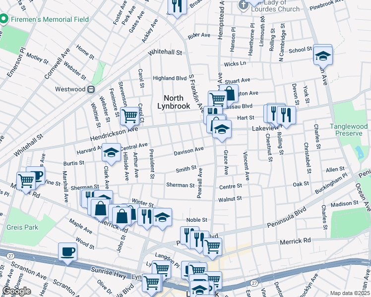 map of restaurants, bars, coffee shops, grocery stores, and more near 47 Hodson Avenue in Lynbrook