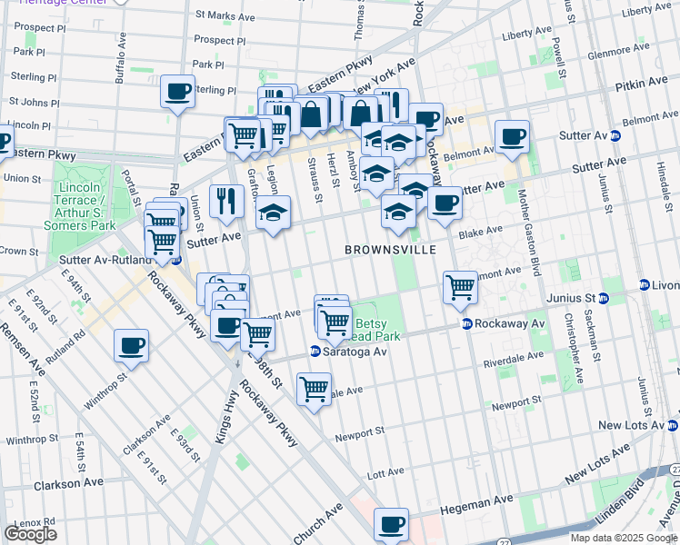 map of restaurants, bars, coffee shops, grocery stores, and more near 2010 Strauss Street in Brooklyn
