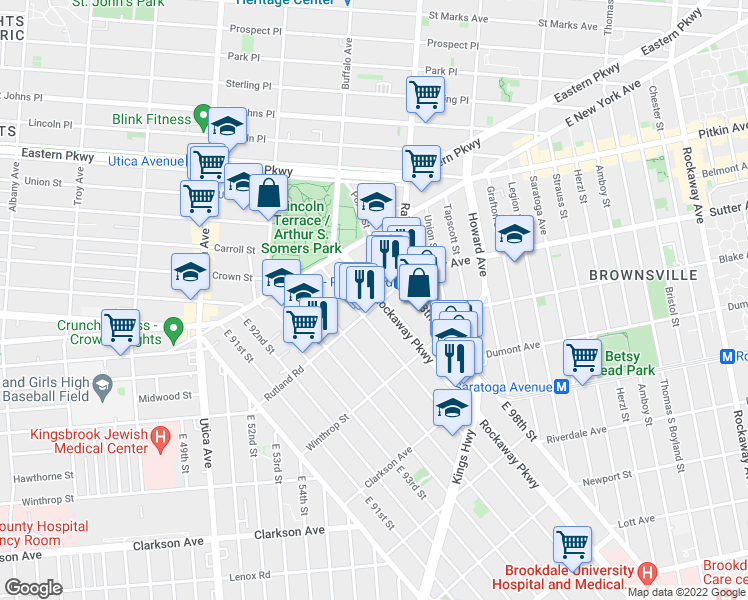 map of restaurants, bars, coffee shops, grocery stores, and more near 48 Rockaway Parkway in Brooklyn