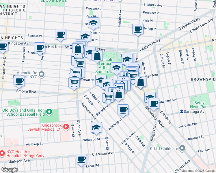 map of restaurants, bars, coffee shops, grocery stores, and more near 1062 East New York Avenue in Brooklyn