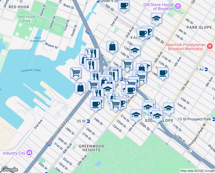 map of restaurants, bars, coffee shops, grocery stores, and more near 145 18th Street in Brooklyn