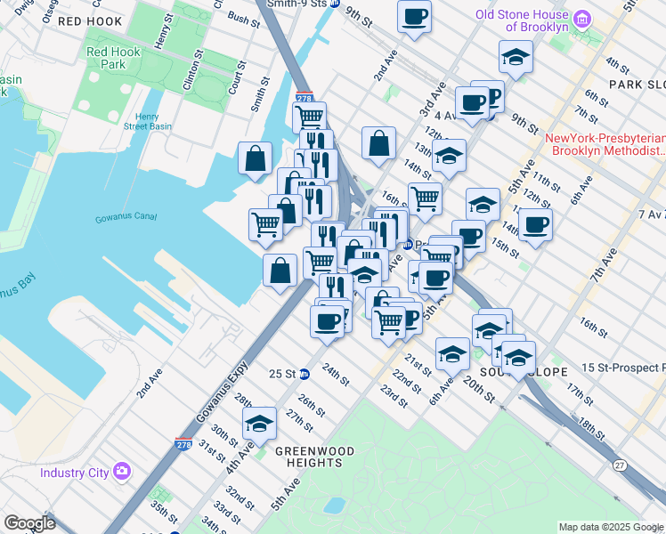 map of restaurants, bars, coffee shops, grocery stores, and more near 654 3rd Avenue in Brooklyn