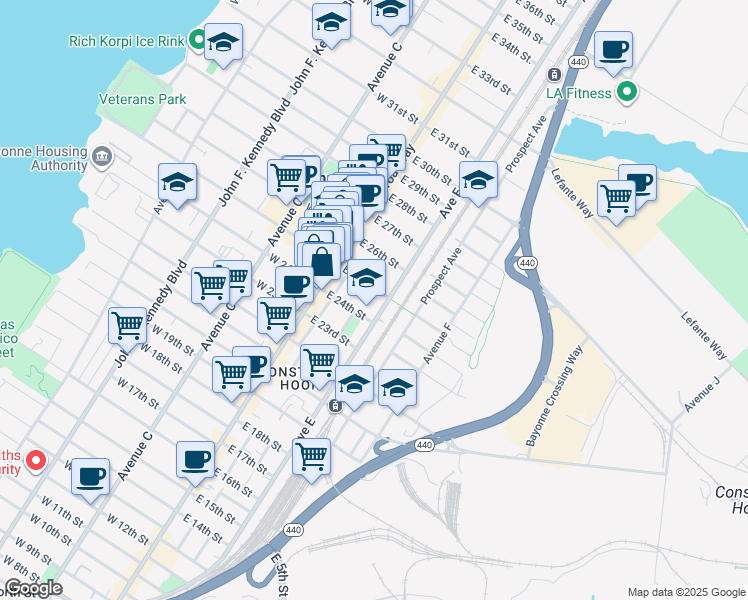 map of restaurants, bars, coffee shops, grocery stores, and more near 41 East 25th Street in Bayonne