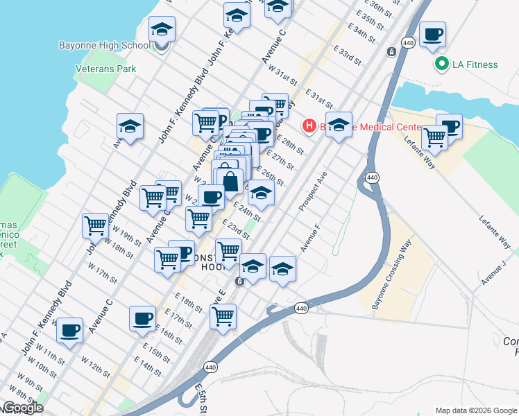 map of restaurants, bars, coffee shops, grocery stores, and more near 41 East 25th Street in Bayonne