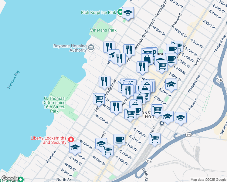 map of restaurants, bars, coffee shops, grocery stores, and more near 549 John F. Kennedy Boulevard in Bayonne