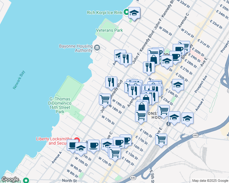map of restaurants, bars, coffee shops, grocery stores, and more near 549 John F. Kennedy Boulevard in Bayonne